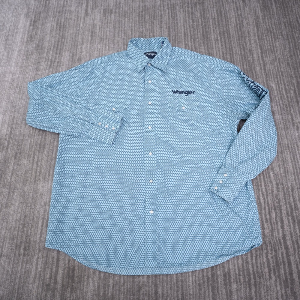 Wrangler Western Shirt Mens XL Blue Geometric Snap Front Long Sleeve Fair